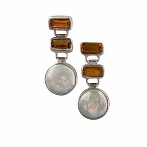 .925 Sterling Silver Freshwater Pearl and Citrine Gemstone Drop Dangle Earrings